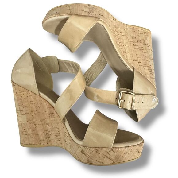 Stuart Weitzman Oneliner Patent Leather Cork Wedge Open Toe Heels Nude Size 9 - Picture 4 of 10